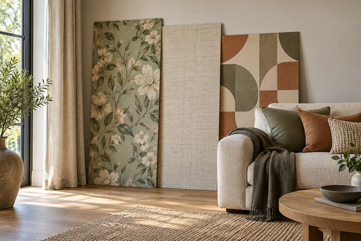 Salon z roślinną tapetą za sofą i spokojną paletą naturalnych materiałów